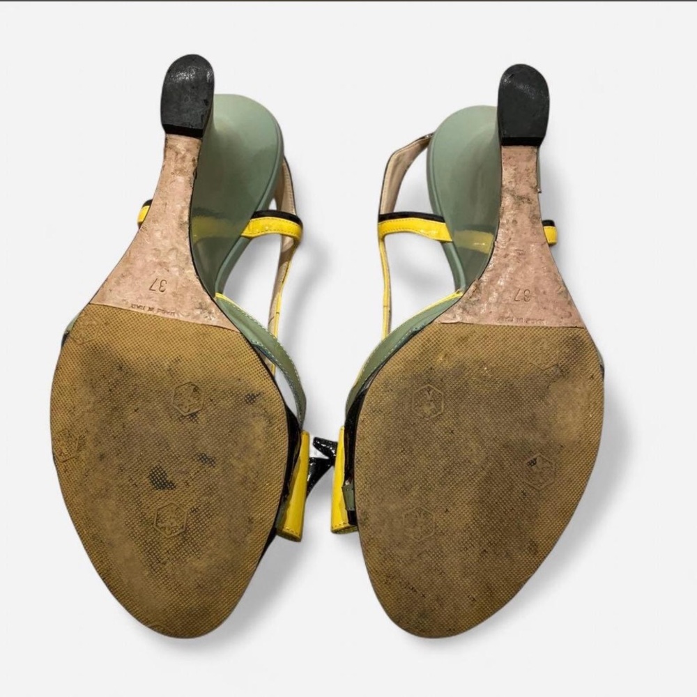 SS12 Hot Rod Prada Yellow, Sage Green & Black Patent Leather Bow Slingback Heels - Picture 6 of 7